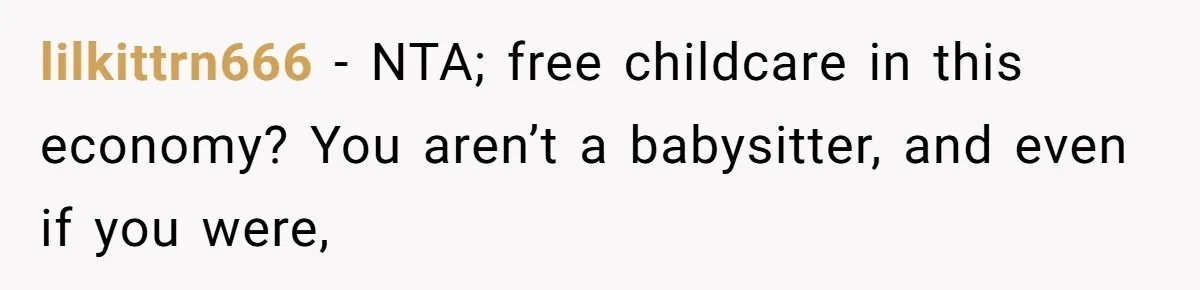 lilkittrn666 − NTA; free childcare in this economy? You aren’t a babysitter, and even if you were,