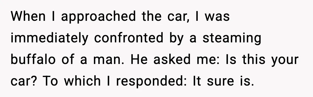 Cop Parks in Handicap Spot, Then Gets a Brutal Reality Check Hours Later When I approached the car, I was immediately confronted by a steaming buffalo of a man. He asked me: Is this your car? To which I responded: It sure is.