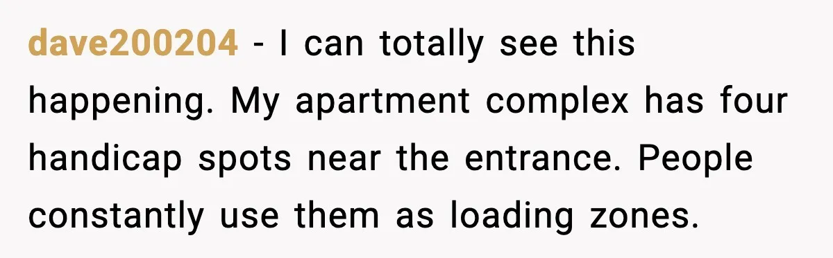 Cop Parks in Handicap Spot, Then Gets a Brutal Reality Check Hours Later dave200204 - I can totally see this happening. My apartment complex has four handicap spots near the entrance. People constantly use them as loading zones.