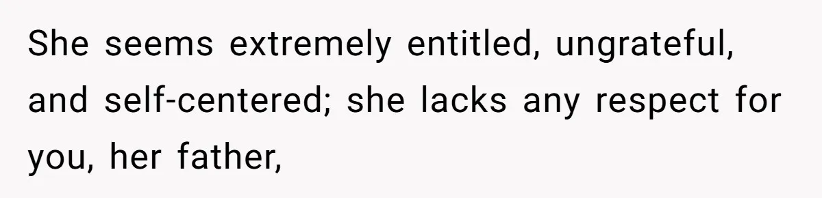 She seems extremely entitled, ungrateful, and self-centered; she lacks any respect for you, her father,