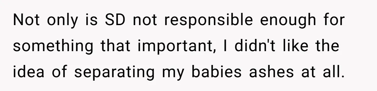 Husband Secretly Gave Away Toddler’s Ashes After Wife Said No, Calls It “Not A Big Deal” Not only is SD not responsible enough for something that important, I didn't like the idea of separating my babies ashes at all.