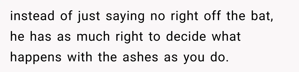 Husband Secretly Gave Away Toddler’s Ashes After Wife Said No, Calls It “Not A Big Deal” instead of just saying no right off the bat, he has as much right to decide what happens with the ashes as you do.