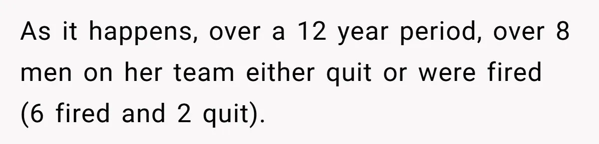 Boss Forbids Employee From Emailing Upper Management, So Her Own Rule Ends Up Exposing Her As it happens, over a 12 year period, over 8 men on her team either quit or were fired (6 fired and 2 quit).