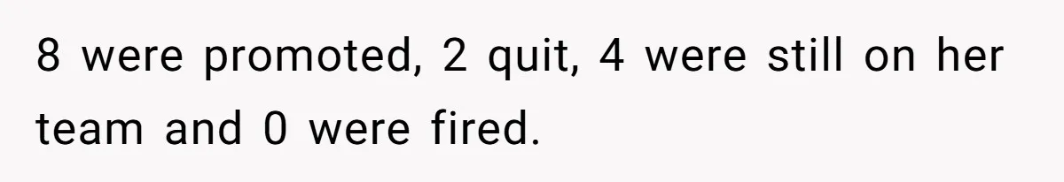 Boss Forbids Employee From Emailing Upper Management, So Her Own Rule Ends Up Exposing Her 8 were promoted, 2 quit, 4 were still on her team and 0 were fired.