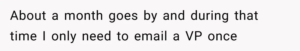Boss Forbids Employee From Emailing Upper Management, So Her Own Rule Ends Up Exposing Her About a month goes by and during that time I only need to email a VP once