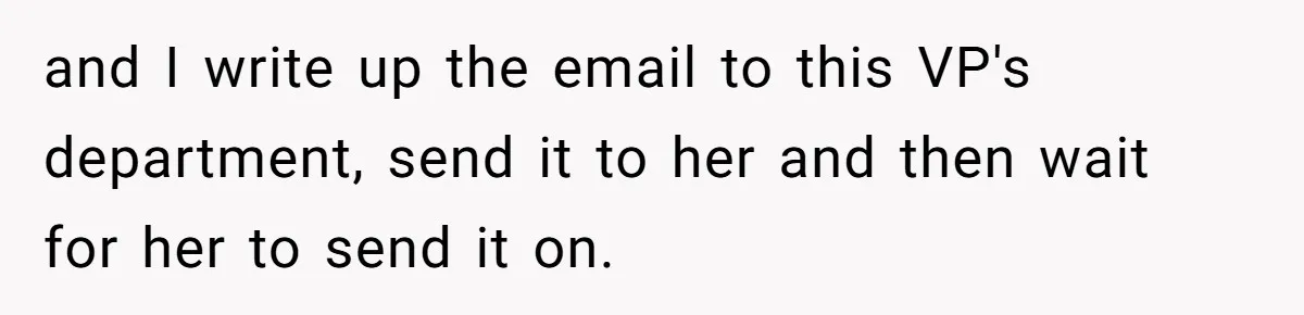 Boss Forbids Employee From Emailing Upper Management, So Her Own Rule Ends Up Exposing Her and I write up the email to this VP's department, send it to her and then wait for her to send it on.