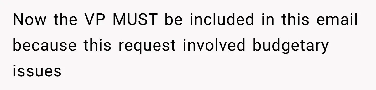 Boss Forbids Employee From Emailing Upper Management, So Her Own Rule Ends Up Exposing Her Now the VP MUST be included in this email because this request involved budgetary issues