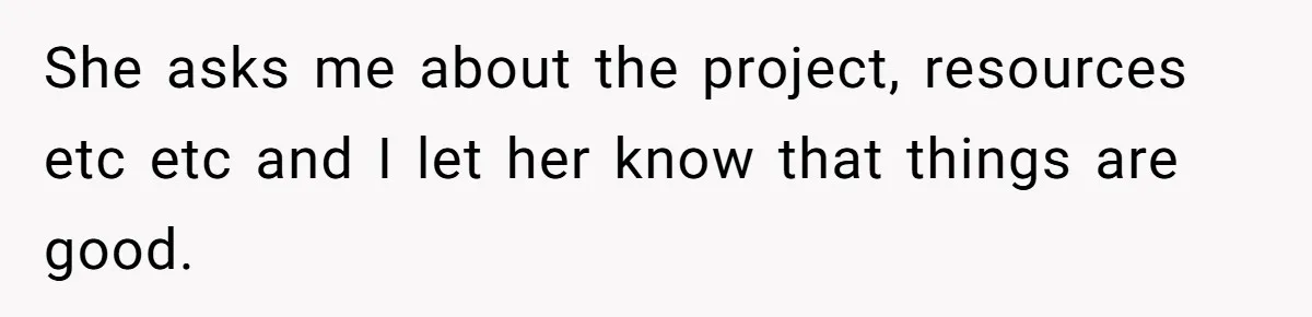 Boss Forbids Employee From Emailing Upper Management, So Her Own Rule Ends Up Exposing Her She asks me about the project, resources etc etc and I let her know that things are good.