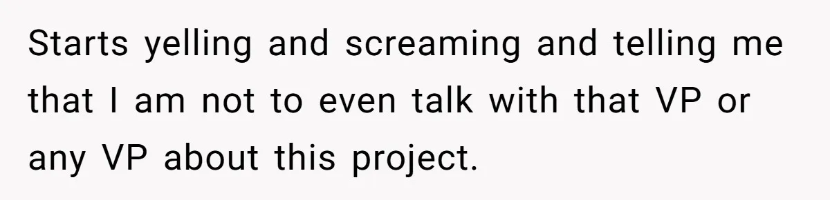 Boss Forbids Employee From Emailing Upper Management, So Her Own Rule Ends Up Exposing Her Starts yelling and screaming and telling me that I am not to even talk with that VP or any VP about this project.