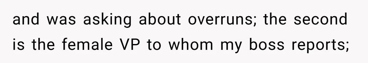 Boss Forbids Employee From Emailing Upper Management, So Her Own Rule Ends Up Exposing Her and was asking about overruns; the second is the female VP to whom my boss reports;