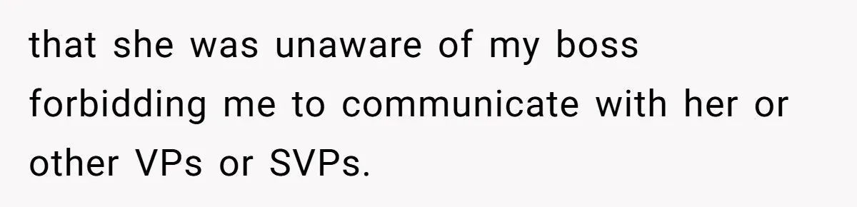 Boss Forbids Employee From Emailing Upper Management, So Her Own Rule Ends Up Exposing Her that she was unaware of my boss forbidding me to communicate with her or other VPs or SVPs.