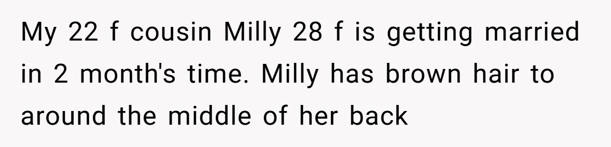 Should She Pay for the $1,300 Wedding Wig After Botched Extensions? My 22 f cousin Milly 28 f is getting married in 2 month's time. Milly has brown hair to around the middle of her back