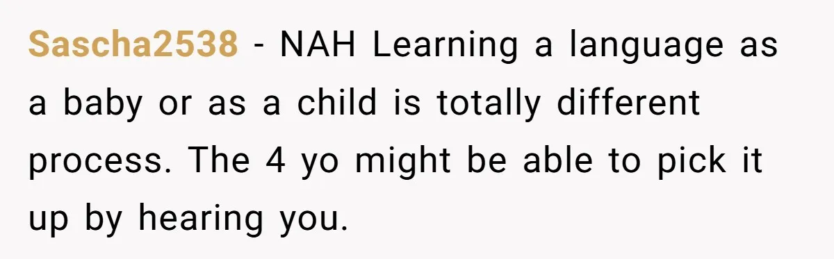 How One Parent’s Attempt to Keep Their Culture Alive Became a Source of Sibling Bitterness Sascha2538 − NAH Learning a language as a baby or as a child is totally different process. The 4 yo might be able to pick it up by hearing you.