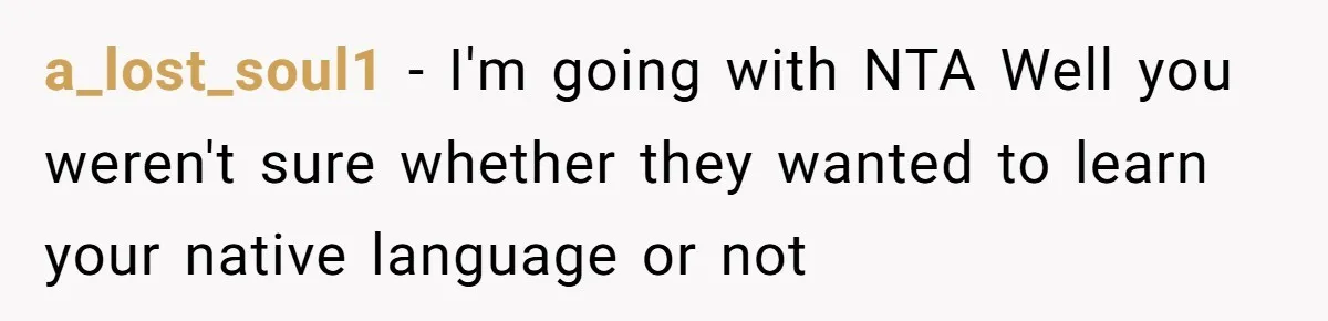 How One Parent’s Attempt to Keep Their Culture Alive Became a Source of Sibling Bitterness a_lost_soul1 − I'm going with NTA Well you weren't sure whether they wanted to learn your native language or not