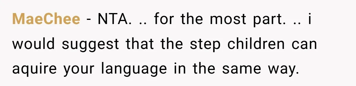 How One Parent’s Attempt to Keep Their Culture Alive Became a Source of Sibling Bitterness MaeChee − NTA. .. for the most part. .. i would suggest that the step children can aquire your language in the same way.