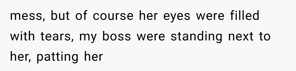 mess, but of course her eyes were filled with tears, my boss were standing next to her, patting her