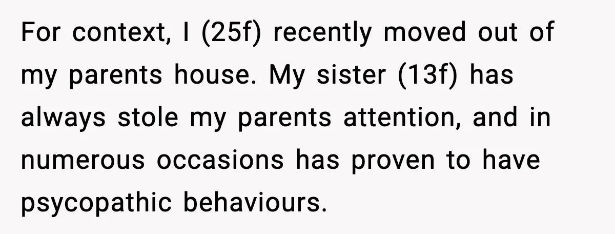For context, I (25f) recently moved out of my parents house. My sister (13f) has always stole my parents attention, and in numerous occasions has proven to have psycopathic behaviours.
