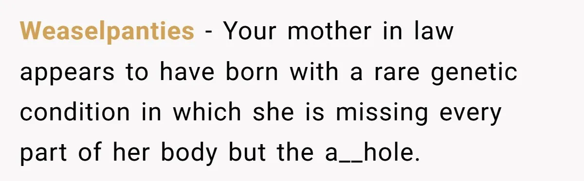 Woman Bravely Shares Medical Secret with MIL, Is Met with Utter Cruelty Weaselpanties − Your mother in law appears to have born with a rare genetic condition in which she is missing every part of her body but the a__hole.