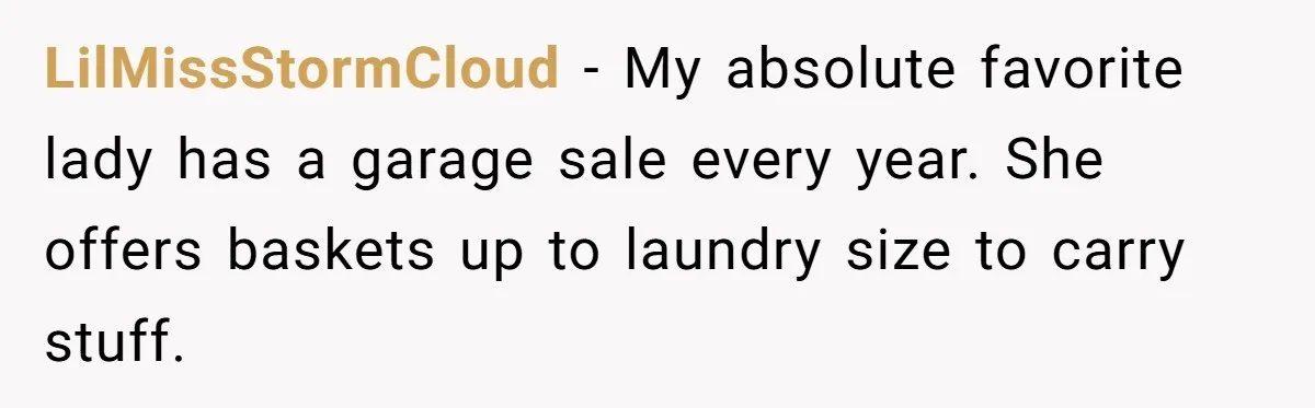 LilMissStormCloud − My absolute favorite lady has a garage sale every year. She offers baskets up to laundry size to carry stuff.