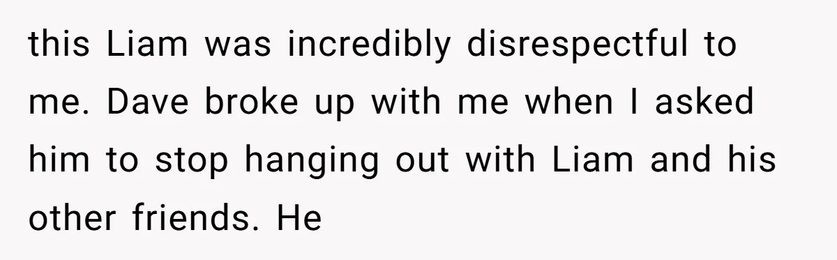 Why Saying "I Would Never Have Chosen Him" Caused a Major Brunch Meltdown this Liam was incredibly disrespectful to me. Dave broke up with me when I asked him to stop hanging out with Liam and his other friends. He