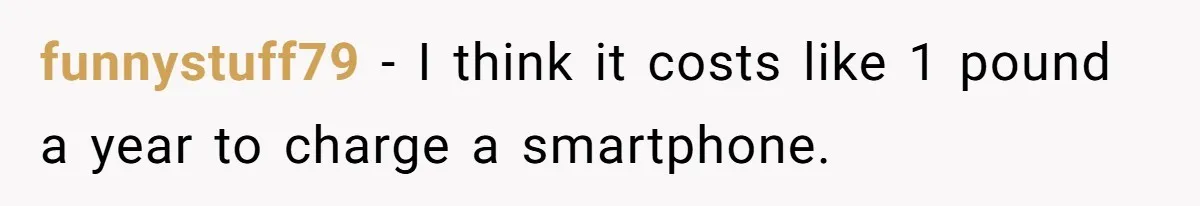 funnystuff79 − I think it costs like 1 pound a year to charge a smartphone.