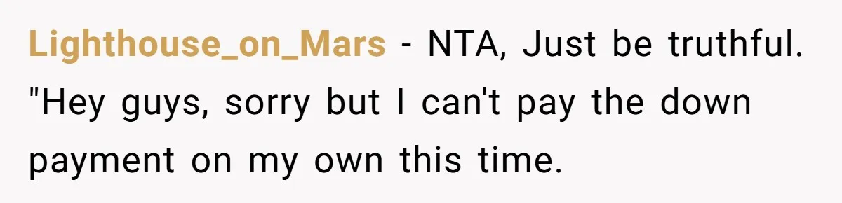 Lighthouse_on_Mars − NTA, Just be truthful. "Hey guys, sorry but I can't pay the down payment on my own this time.