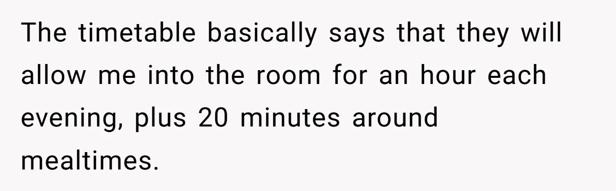 The timetable basically says that they will allow me into the room for an hour each evening, plus 20 minutes around mealtimes.