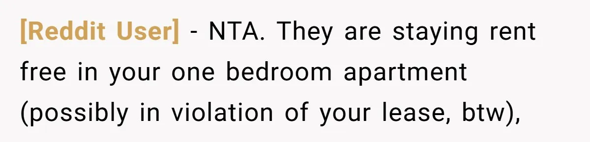 [Reddit User] − NTA. They are staying rent free in your one bedroom apartment (possibly in violation of your lease, btw),