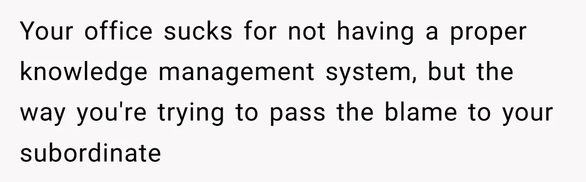 Supervisor Refuses To Answer Emails On Beach Vacation, Returns To Office Chaos Your office sucks for not having a proper knowledge management system, but the way you're trying to pass the blame to your subordinate