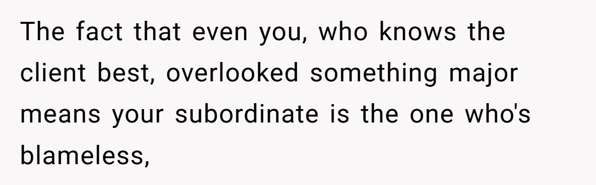 Supervisor Refuses To Answer Emails On Beach Vacation, Returns To Office Chaos The fact that even you, who knows the client best, overlooked something major means your subordinate is the one who's blameless,