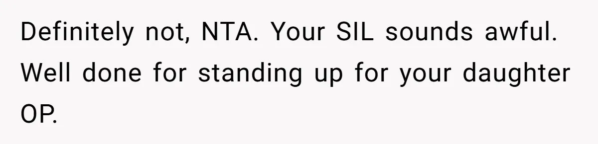 Sister-In-Law Refuses To Back Down After Scolding A Child, And Man Refuses To Host Her Gender Reveal Definitely not, NTA. Your SIL sounds awful. Well done for standing up for your daughter OP.