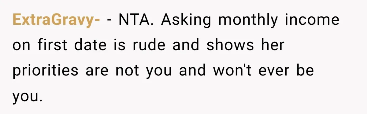 ExtraGravy- − NTA. Asking monthly income on first date is rude and shows her priorities are not you and won't ever be you.