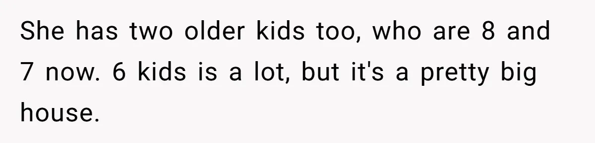 She has two older kids too, who are 8 and 7 now. 6 kids is a lot, but it's a pretty big house.