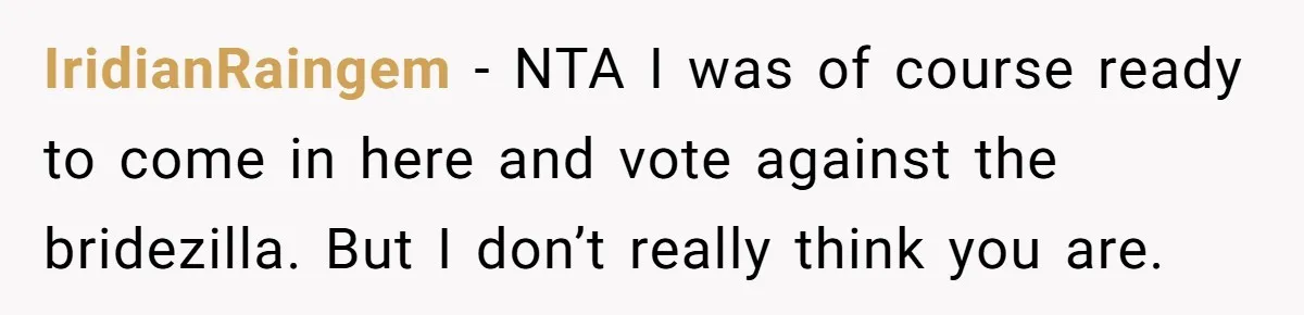 IridianRaingem − NTA I was of course ready to come in here and vote against the bridezilla. But I don’t really think you are.