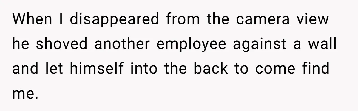 When I disappeared from the camera view he shoved another employee against a wall and let himself into the back to come find me.