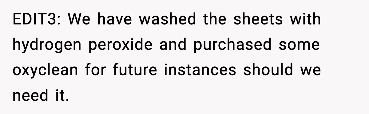 EDIT3: We have washed the sheets with hydrogen peroxide and purchased some oxyclean for future instances should we need it.