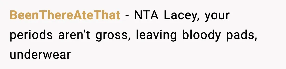 BeenThereAteThat − NTA Lacey, your periods aren’t gross, leaving bloody pads, underwear