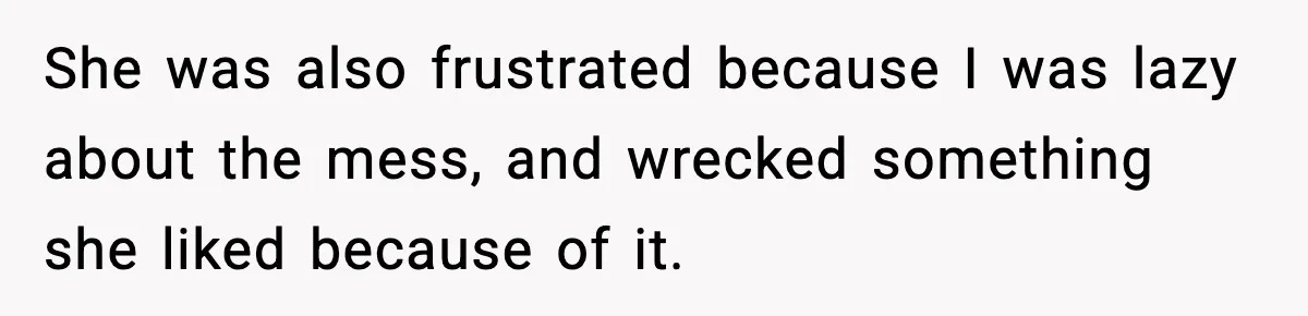 She was also frustrated because I was lazy about the mess, and wrecked something she liked because of it.