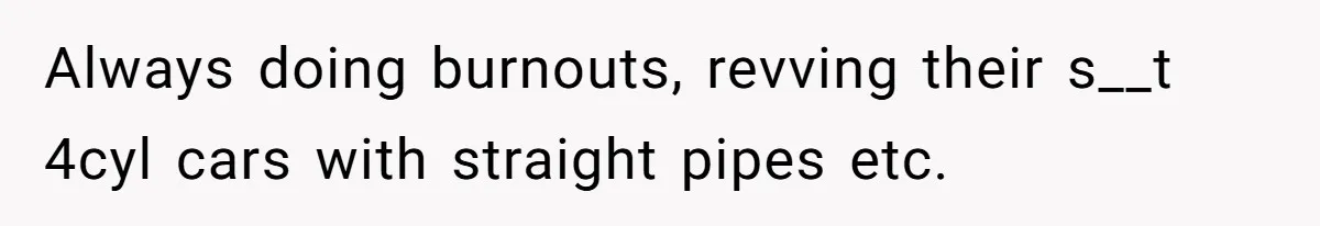 Always doing burnouts, revving their s__t 4cyl cars with straight pipes etc.