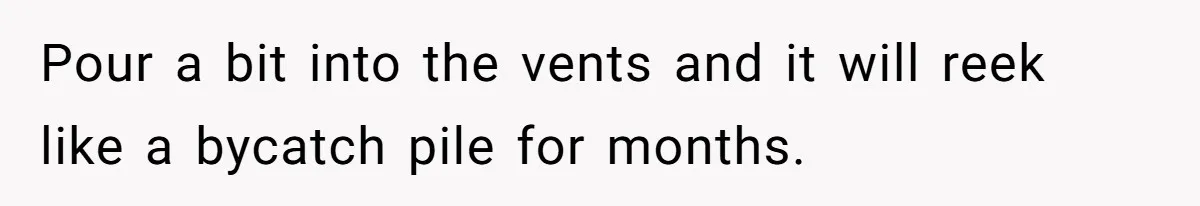 Pour a bit into the vents and it will reek like a bycatch pile for months.