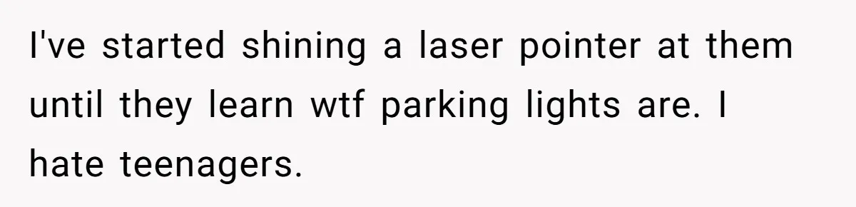 I've started shining a laser pointer at them until they learn wtf parking lights are. I hate teenagers.