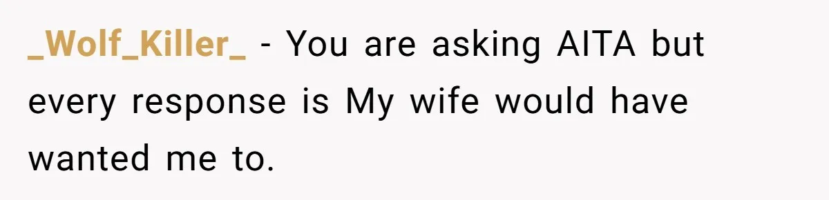 _Wolf_Killer_ − You are asking AITA but every response is My wife would have wanted me to.
