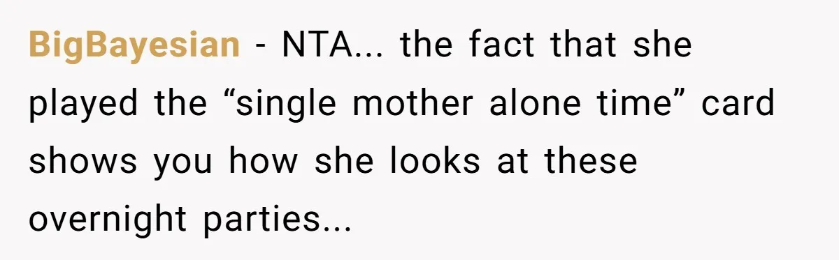 BigBayesian − NTA... the fact that she played the “single mother alone time” card shows you how she looks at these overnight parties...