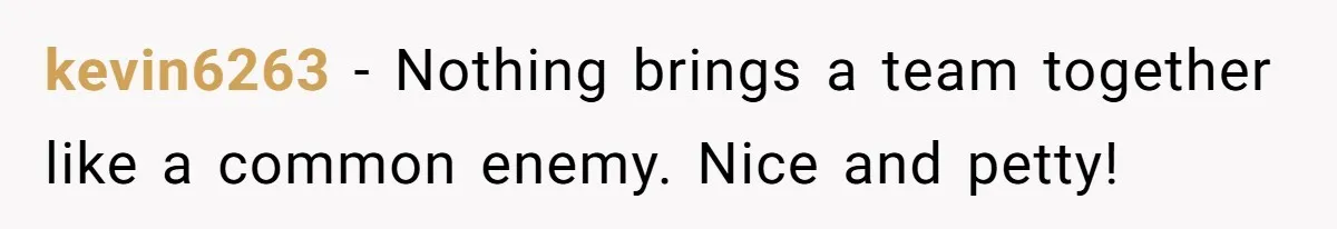 kevin6263 − Nothing brings a team together like a common enemy. Nice and petty!