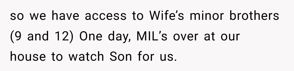 so we have access to Wife’s minor brothers (9 and 12) One day, MIL’s over at our house to watch Son for us.
