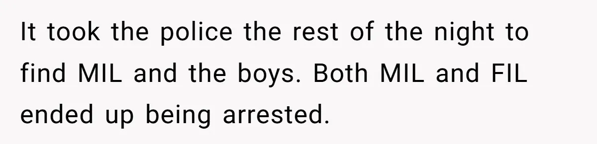 It took the police the rest of the night to find MIL and the boys. Both MIL and FIL ended up being arrested.