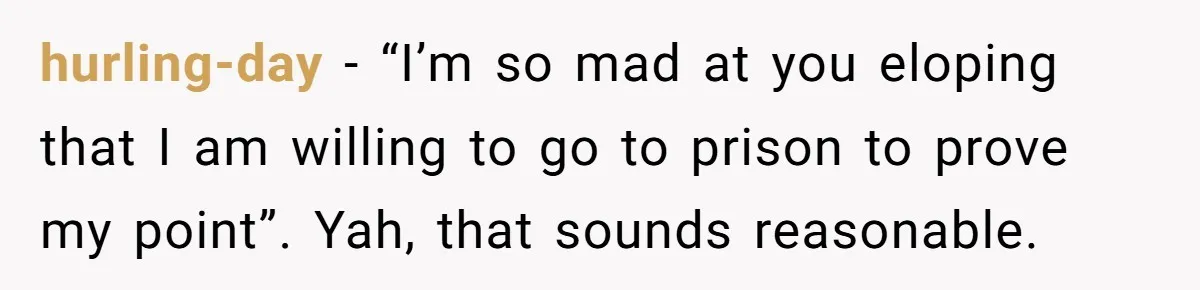 hurling-day − “I’m so mad at you eloping that I am willing to go to prison to prove my point”. Yah, that sounds reasonable.