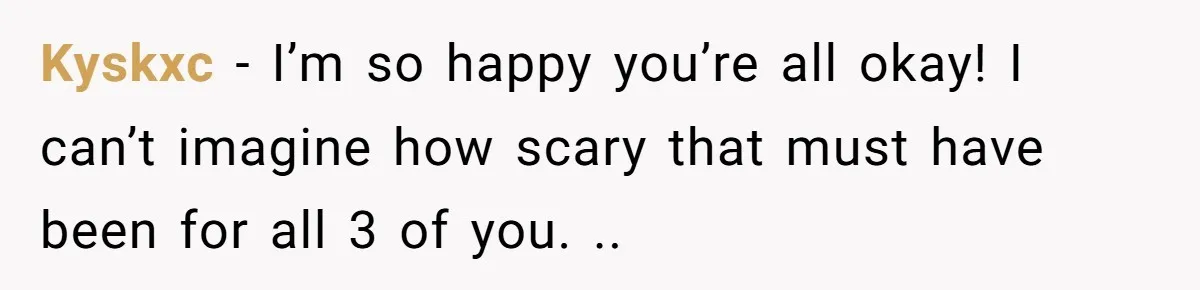 Kyskxc − I’m so happy you’re all okay! I can’t imagine how scary that must have been for all 3 of you. ..