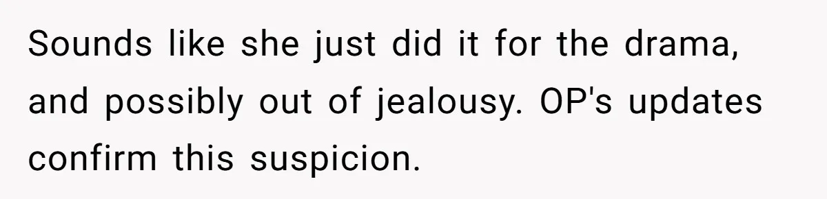 Sounds like she just did it for the drama, and possibly out of jealousy. OP's updates confirm this suspicion.