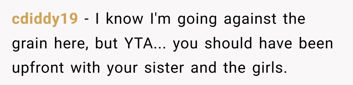 cdiddy19 − I know I'm going against the grain here, but YTA... you should have been upfront with your sister and the girls.